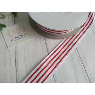 Лента репсовая 25 мм "Красные полоски на белом"